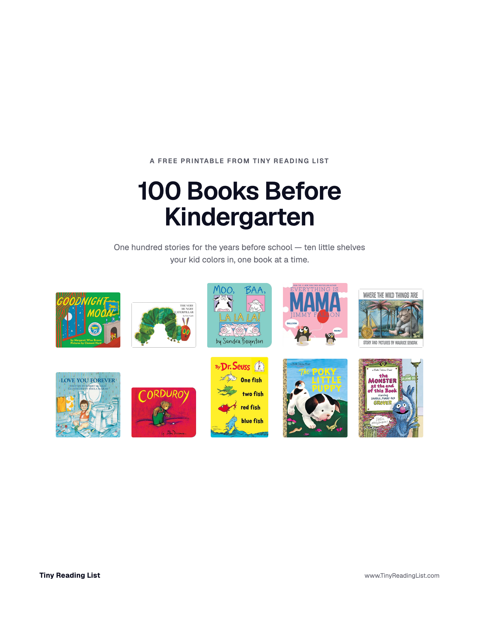 Page one of the printable: the checklist's cover page with ten real book covers